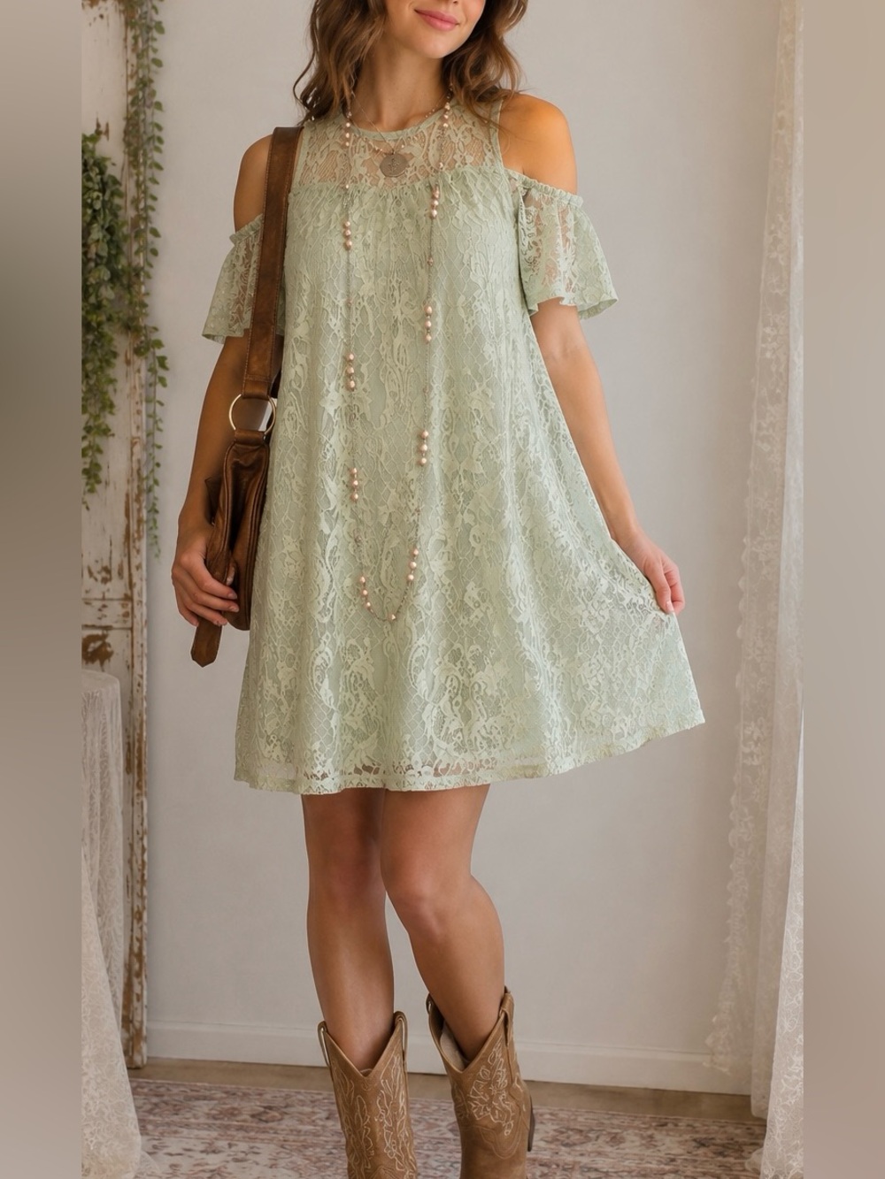 Altar’d State Sage Green Lace Cold Shoulder Mini Dress | Small